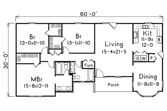 Floor Plan - Main Floor for Ranch House Plan #57-235 - 3 bed, 2 bath