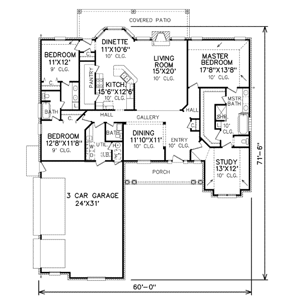 Floor Plan - Main Floor for Ranch House Plan #65-338 - 4 bed, 3 bath