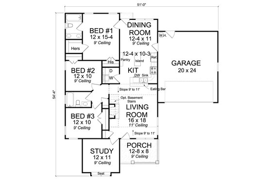 Floor Plan - Main Floor for Cottage House Plan #513-2091 - 3 bed, 2 bath