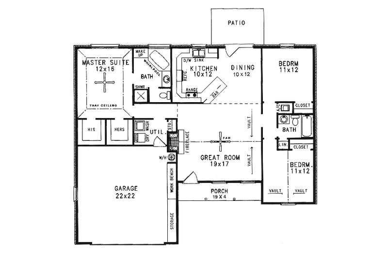 Dream House Plan - Floor Plan - Main Floor for Mediterranean House Plan #14-130 - 3 bed, 2 bath