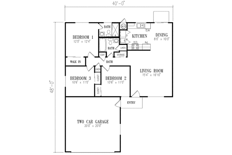 House Blueprint - Floor Plan - Main Floor for Ranch House Plan #1-179 - 3 bed, 2 bath