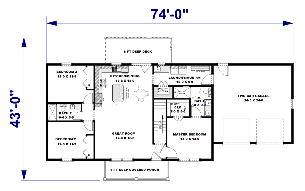 Floor Plan - Main Floor for Farmhouse House Plan #44-315 - 3 bed, 2 bath
