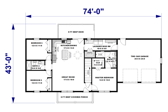 Floor Plan - Main Floor for Farmhouse House Plan #44-315 - 3 bed, 2 bath