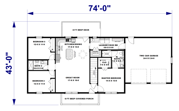 House Blueprint - Floor Plan - Main Floor for Farmhouse House Plan #44-315 - 3 bed, 2 bath