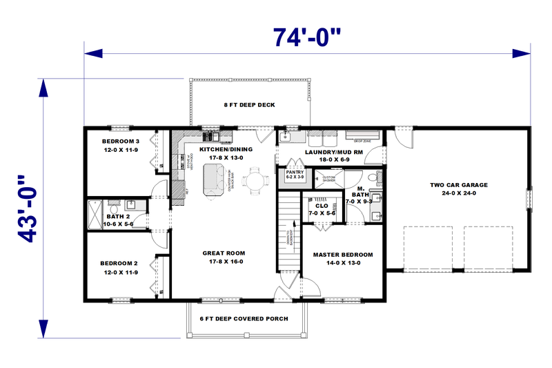 House Blueprint - Floor Plan - Main Floor for Farmhouse House Plan #44-315 - 3 bed, 2 bath