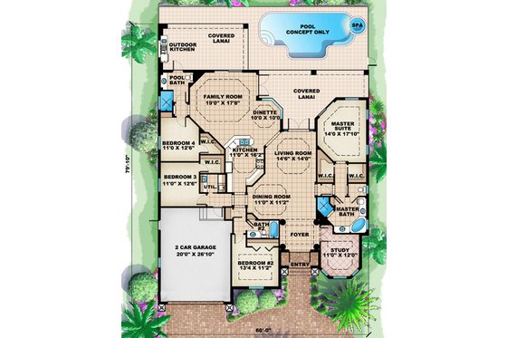 Floor Plan - Main Floor for Mediterranean House Plan #27-416 - 4 bed, 3 bath
