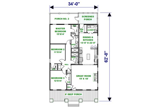 Floor Plan - Main Floor for Craftsman House Plan #44-232 - 3 bed, 2 bath