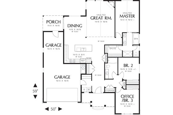 Floor Plan - Main Floor for Craftsman House Plan #48-414 - 3 bed, 2 bath