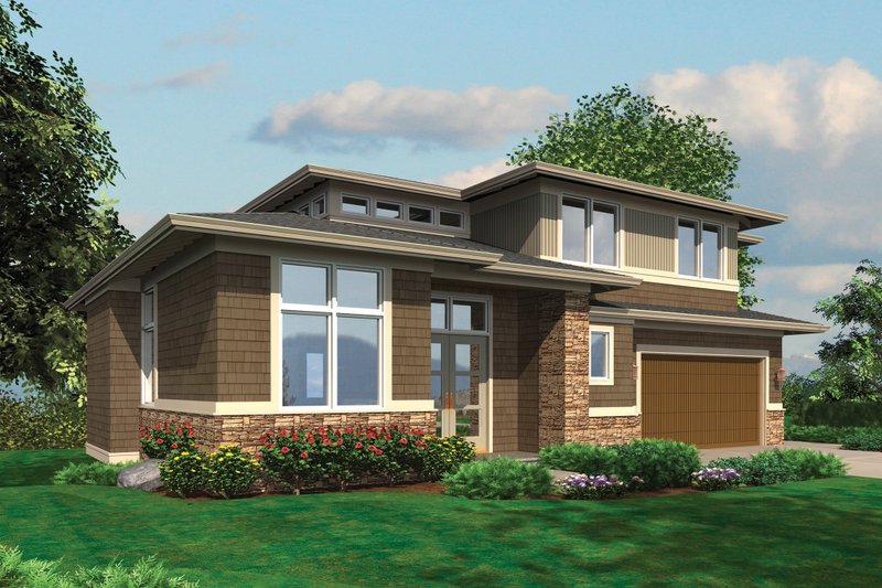 Architectural House Design - Front view - 3700 square foot Prairie style home