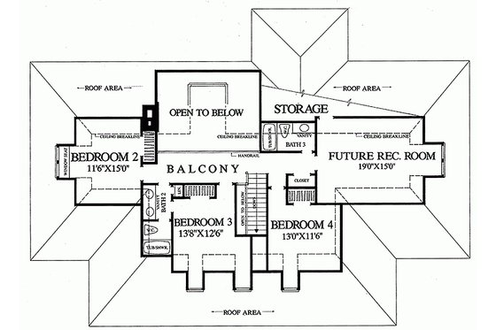 Upper level floor plan - 3100 square foot Southern home