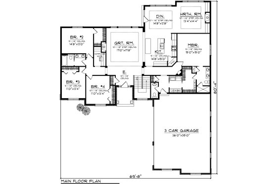 Floor Plan - Main Floor for Ranch House Plan #70-1123 - 4 bed, 2.5 bath