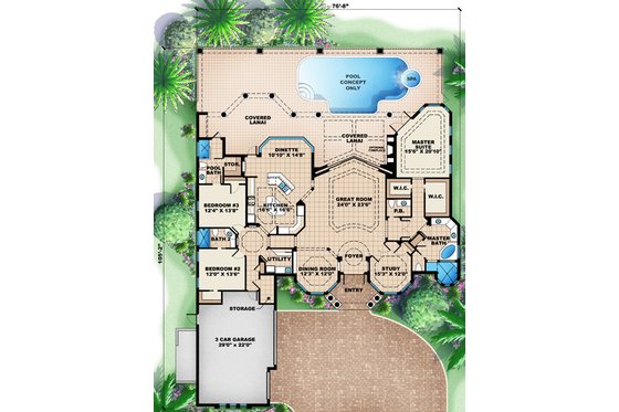 Floor Plan - Main Floor for Mediterranean House Plan #27-442 - 3 bed, 3.5 bath