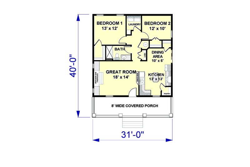 Dream House Plan - Floor Plan - Main Floor for Country House Plan #44-191 - 2 bed, 1 bath