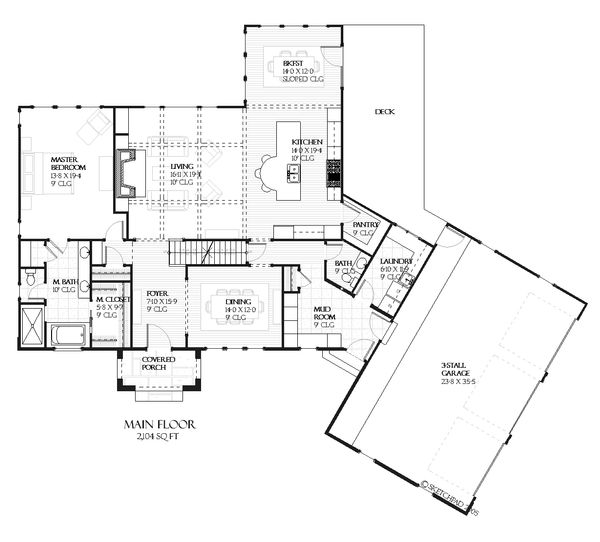 European style house plan, main level floor plan