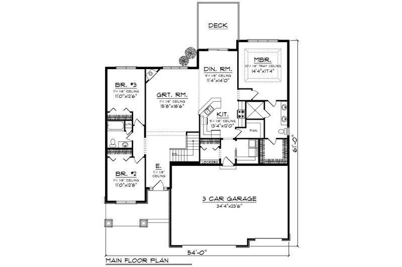House Blueprint - Floor Plan - Main Floor for Ranch House Plan #70-1244 - 3 bed, 2 bath