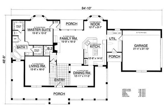 Country style house plan, main level floor plan