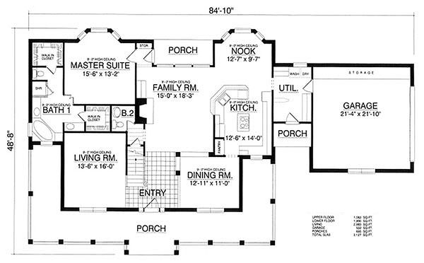 Country style house plan, main level floor plan