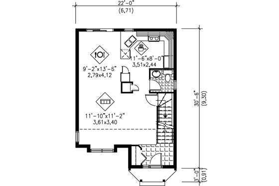 Floor Plan - Main Floor for Cottage House Plan #25-2039 - 2 bed, 1.5 bath