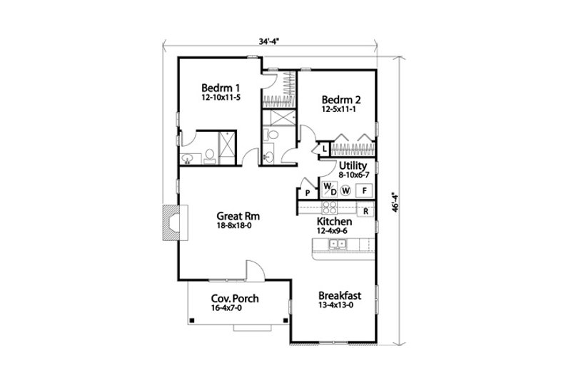 Architectural House Design - Floor Plan - Main Floor for Cottage House Plan #22-616 - 2 bed, 2 bath