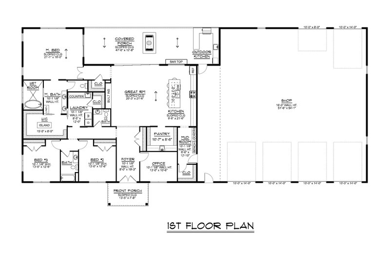 House Blueprint - Floor Plan - Main Floor for Barndominium House Plan #1064-455 - 3 bed, 2.5 bath
