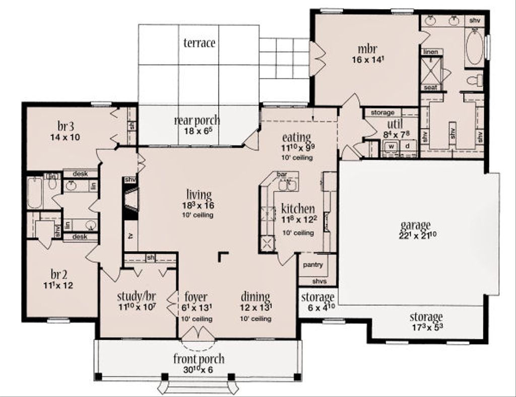 European Style House Plan 4 Beds 2 Baths 2000 Sq/Ft Plan