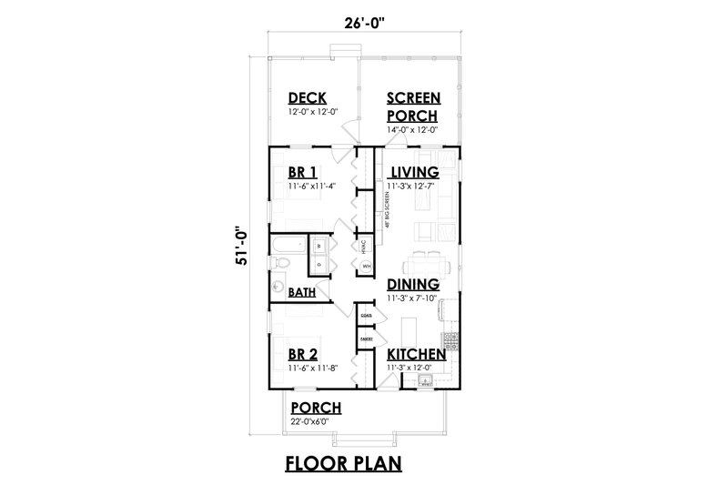 Architectural House Design - Floor Plan - Main Floor for Bungalow House Plan #30-373 - 2 bed, 1 bath