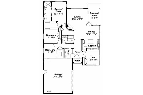 Floor Plan - Main Floor for Prairie House Plan #124-911 - 3 bed, 2 bath