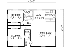Floor Plan - Main Floor for Adobe / Southwestern House Plan #1-1097 - 2 bed, 1 bath