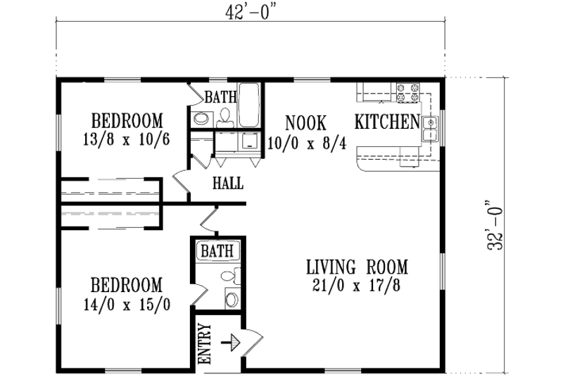 House Plan Design - Floor Plan - Main Floor for Adobe / Southwestern House Plan #1-1097 - 2 bed, 1 bath