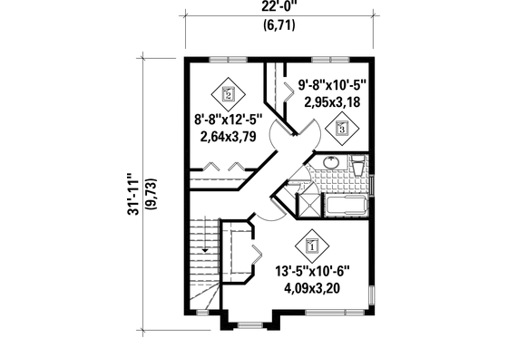 Floor Plan - Upper Floor for Contemporary House Plan #25-4349 - 3 bed, 1 bath