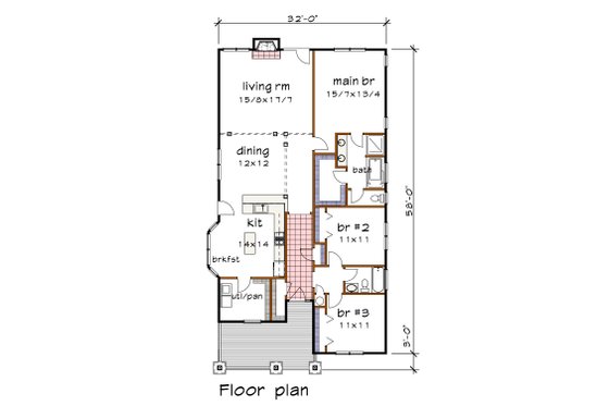 Floor Plan - Main Floor for Bungalow House Plan #79-232 - 3 bed, 2 bath