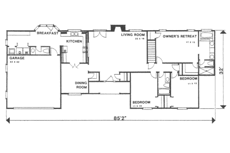 House Blueprint - Floor Plan - Main Floor for Ranch House Plan #30-163 - 3 bed, 2 bath
