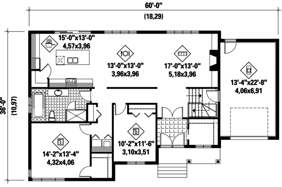 Floor Plan - Main Floor for Contemporary House Plan #25-4335 - 2 bed, 1 bath