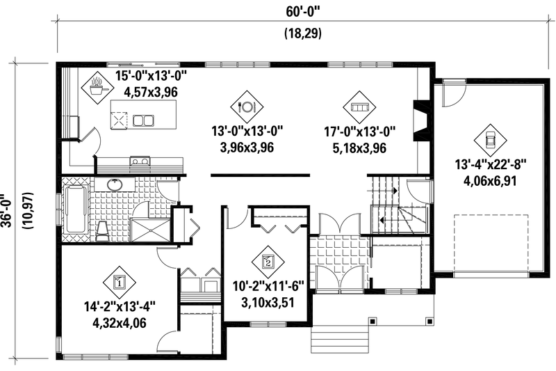 Dream House Plan - Floor Plan - Main Floor for Contemporary House Plan #25-4335 - 2 bed, 1 bath