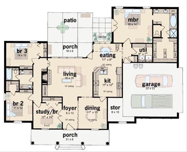 Home Plan - Southern Floor Plan - Main Floor Plan #36-174