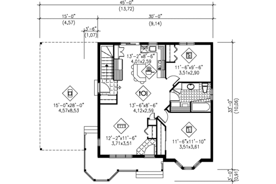 Floor Plan - Main Floor for Cottage House Plan #25-1023 - 2 bed, 1 bath