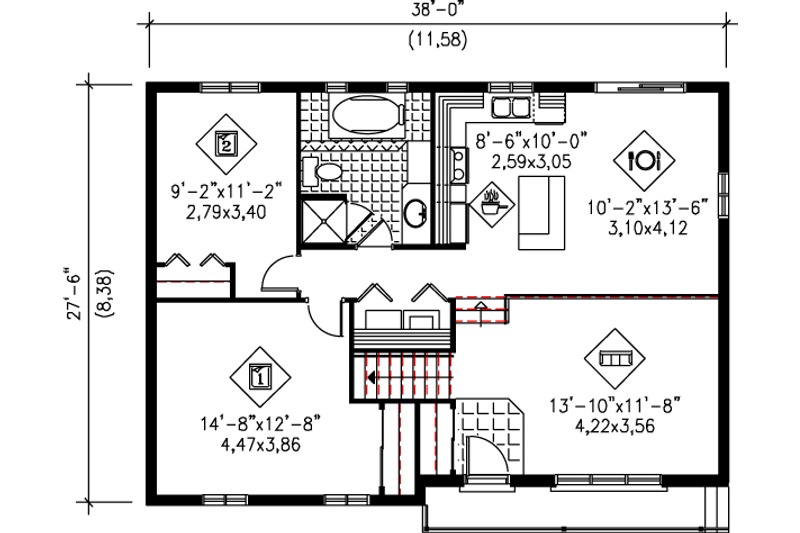 Architectural House Design - Floor Plan - Main Floor for Traditional House Plan #25-1058 - 2 bed, 1 bath
