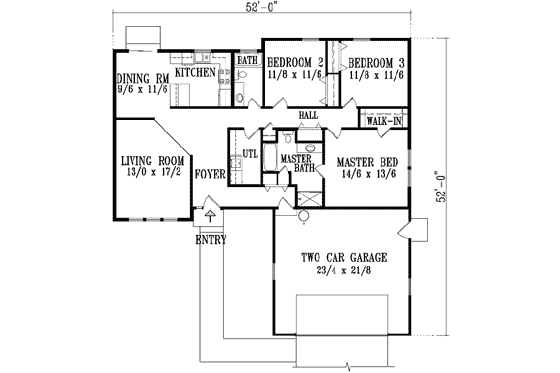 Floor Plan - Main Floor for Mediterranean House Plan #1-456 - 3 bed, 2 bath