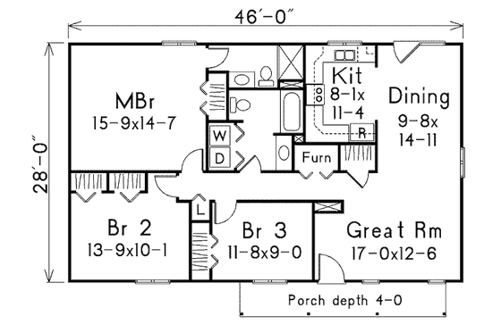 Floor Plan - Main Floor for Cottage House Plan #57-527 - 3 bed, 2 bath