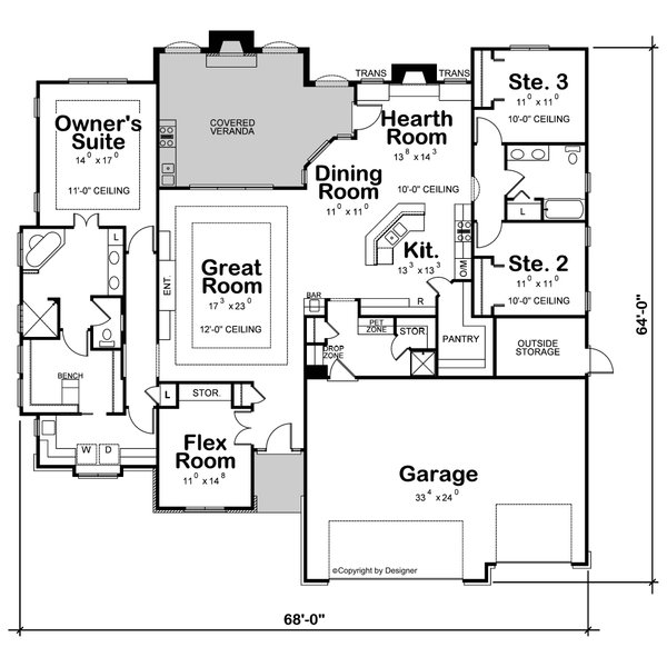 Architectural House Design - Floor Plan - Main Floor for Craftsman House Plan #20-2199 - 3 bed, 2 bath