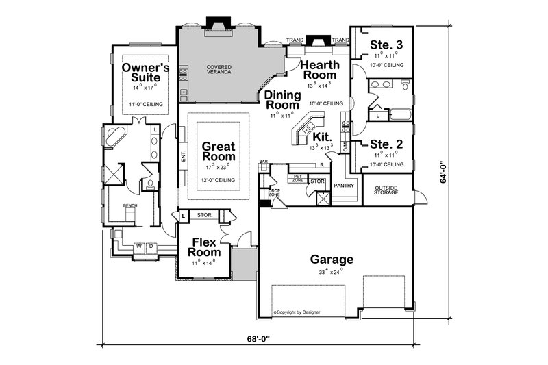Architectural House Design - Floor Plan - Main Floor for Craftsman House Plan #20-2199 - 3 bed, 2 bath