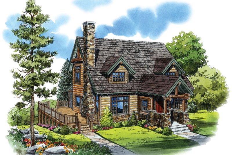 House Blueprint - Log Exterior - Front Elevation Plan #942-18