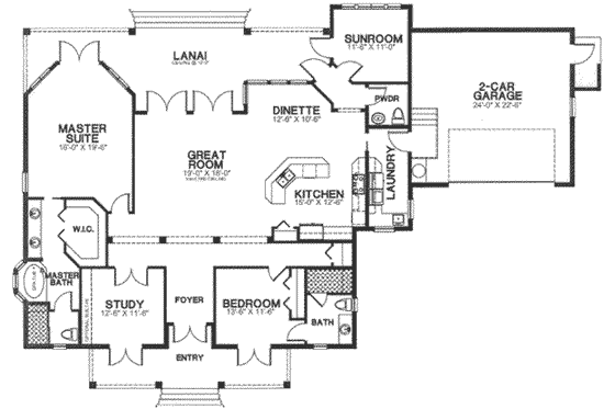Floor Plan - Main Floor for Mediterranean House Plan #115-182 - 2 bed, 2.5 bath