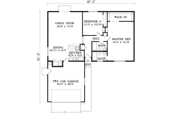 Floor Plan - Main Floor for Ranch House Plan #1-1207 - 2 bed, 2 bath