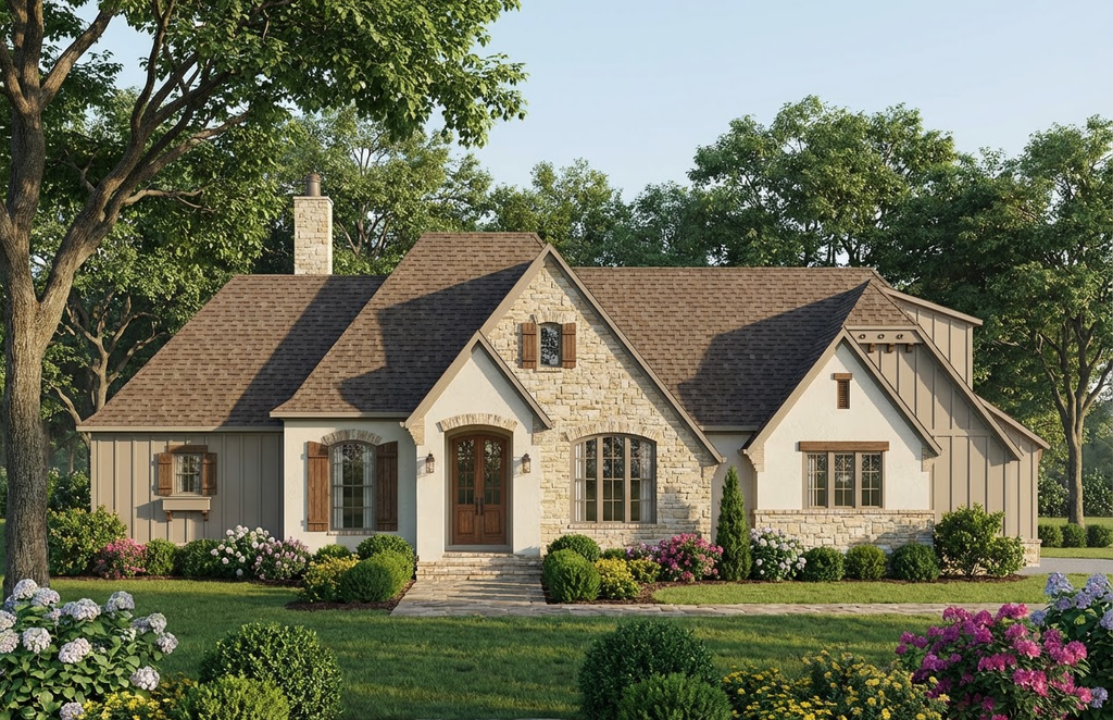Exterior - Front Elevation 2 for European House Plan #406-9610 - 3 bed, 2.5 bath