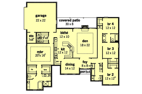 Floor Plan - Main Floor for Southern House Plan #16-188 - 4 bed, 3 bath