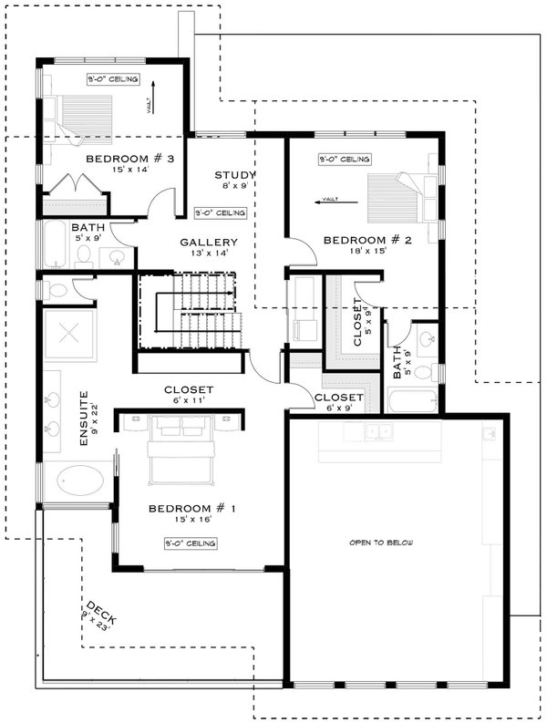 House Blueprint - Floor Plan - Upper Floor for Contemporary House Plan #1101-63 - 3 bed, 3.5 bath