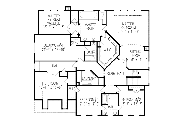 House Blueprint - Floor Plan - Upper Floor for Colonial House Plan #54-357 - 5 bed, 4 bath