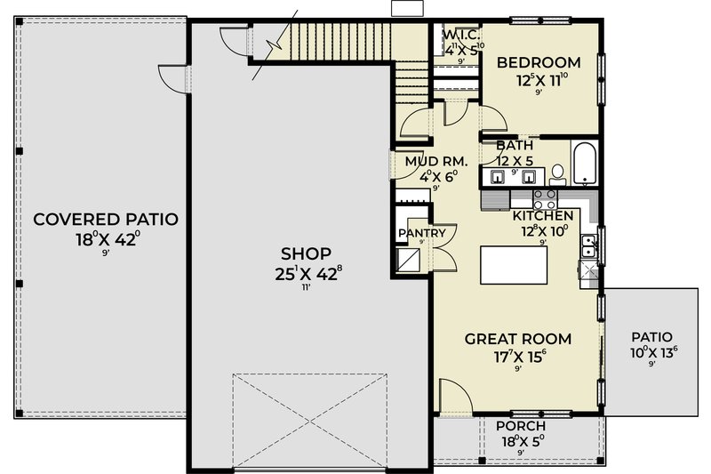 House Design - Floor Plan - Main Floor for Farmhouse House Plan #1070-201 - 1 bed, 1 bath