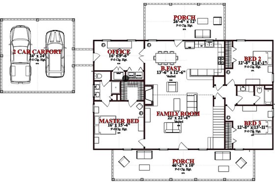 Floor Plan - Main Floor for Cottage House Plan #63-399 - 3 bed, 2 bath